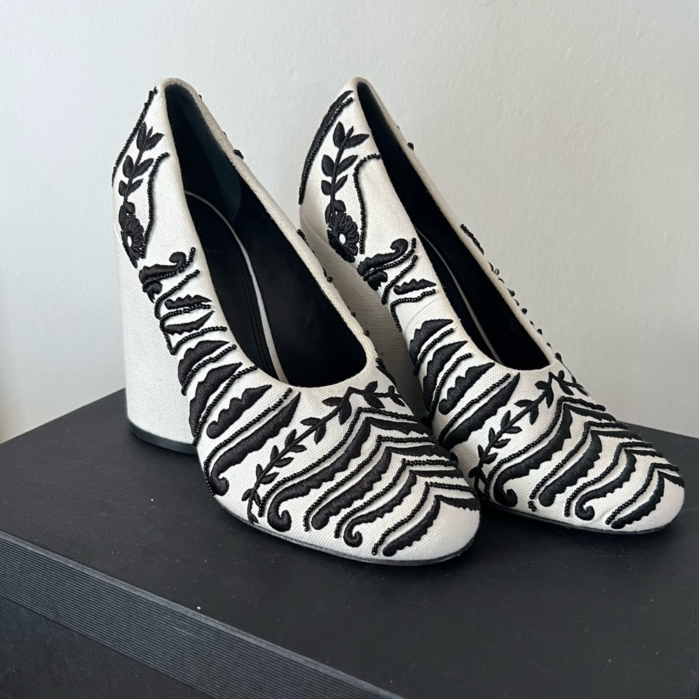 Tory Burch Lucia beaded canvas chunky heels